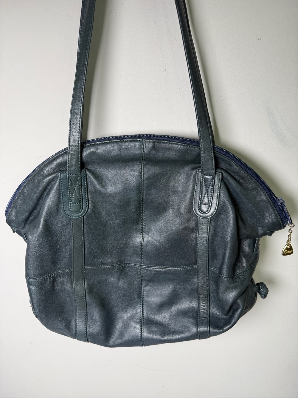 Vintage Brio! Navy Leather Shoulder Bag Slouchy Hobo Gold Hardware OS